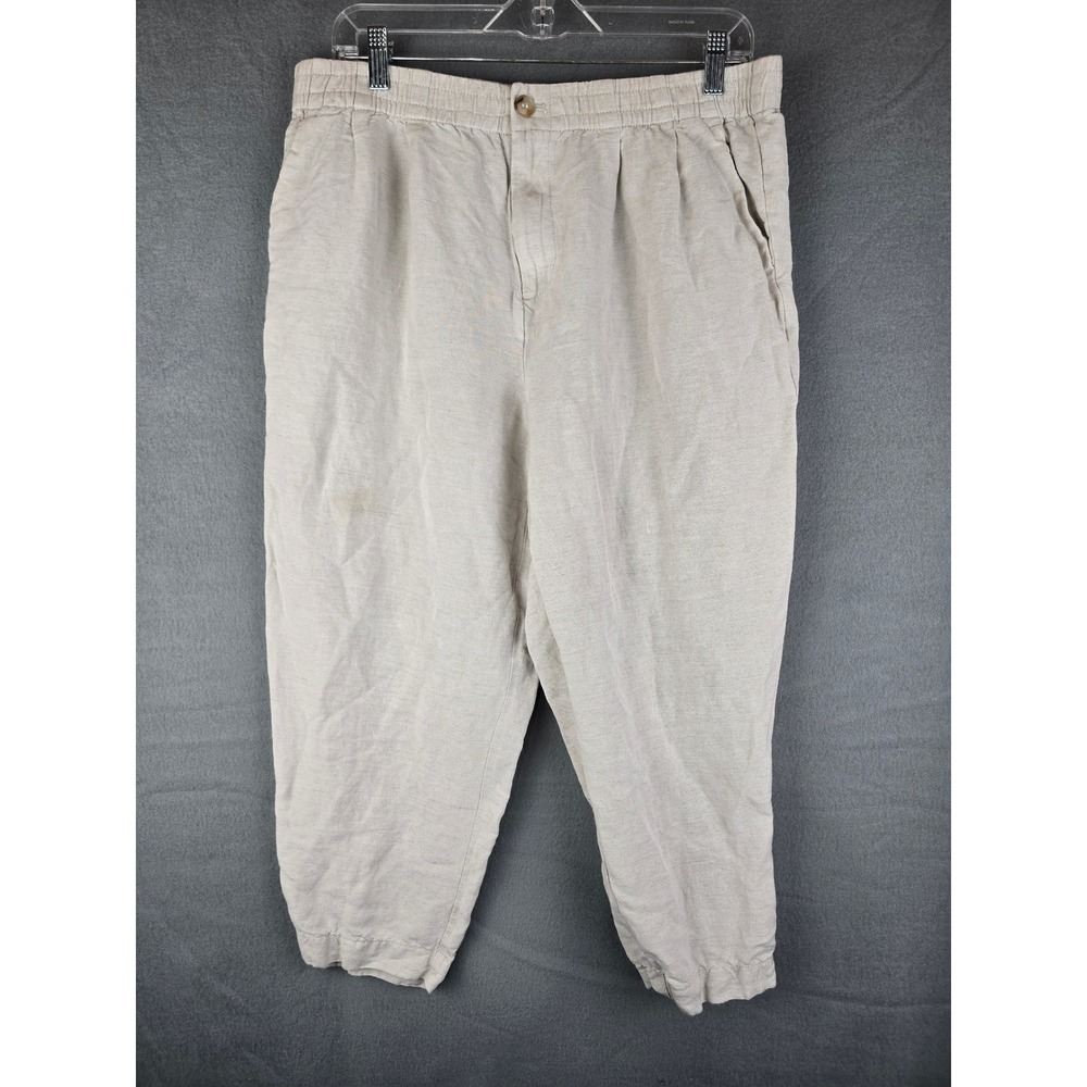Madewell Beige Linen Blend Relaxed Fit Pants Large Elastic Waist Button Closure